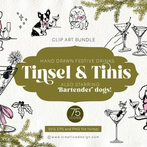 Clip Art de Cachorros Bartenders – 75 Ilustrações de Martini e Coquetéis Desenhadas à Mão – Arte de Bar com Cachorros Garçons Engraçados, Gráficos de Bebidas Excêntricas, CFD021