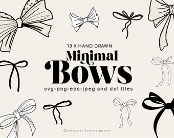 Minimal Bows Clip art pack, 13 Hand drawn Bow illustrations, Minimal Line art Wedding Bows, Whimsical Bows Svg Eps Png and dxf files, CFD001