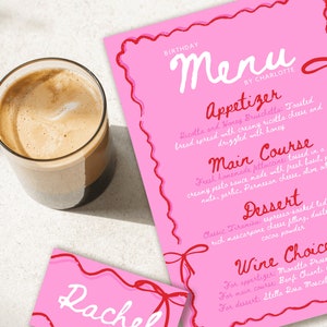 Menu rose et rouge et modèle de carte de visite, menu avec bordure ondulée dessinée à la main, menu d'anniversaire, menu de douche nuptiale, menu de baby shower, CF1001