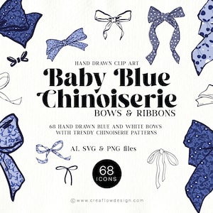Baby Blue Chinoiserie Bows, Minimalistyczne kokardy Coquette, Ręcznie rysowane niebieskie kokardy do zaproszeń, koszulek i ikon internetowych, CFD009