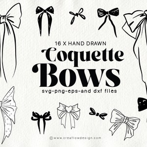 Minimal Line Art Bow clipart pack, 16 Hand drawn Black and White Bow Illustrations, Coquette Ribbon Bow png and svg clip art bundle  CFD005