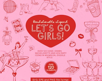 Bachelorette SVG Bundle, 120+ Hand Drawn Party Icons PNG EPS, Hen Party Clipart for Bachelorette invitations, CFD010