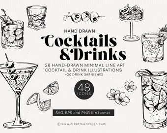 28 Hand-drawn Summer Cocktail Illustrations, Minimal Black Line art Drink SVG EPS and PNG clip art, Wedding Signature Drink icons,  CFD015