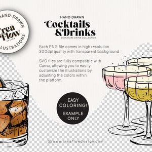K&ouml;nnte beinhalten: Handgezeichnete Illustrationen von "Cocktails & Drinks". Das Bild zeigt einen Cocktail mit Eis und einer Garnierung sowie mehrere Champagnergl&auml;ser mit rosa und gelben Getr&auml;nken. Das Design enth&auml;lt den Text "Easy Coloring!" und "Signature Drink Collection."