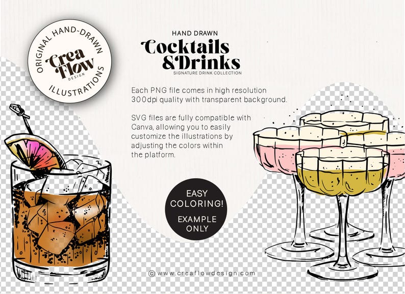 K&ouml;nnte beinhalten: Handgezeichnete Illustrationen von "Cocktails & Drinks". Das Bild zeigt einen Cocktail mit Eis und einer Garnierung sowie mehrere Champagnergl&auml;ser mit rosa und gelben Getr&auml;nken. Das Design enth&auml;lt den Text "Easy Coloring!" und "Signature Drink Collection."