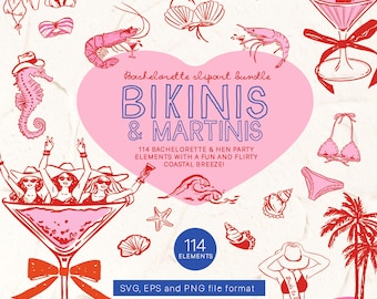May include: A pink and red bachelorette clipart bundle with the text "Bikinis & Martinis". The image includes illustrations of bikinis, martinis, shrimp, seashells, palm trees, and women. The image also includes the text "114 Elements".