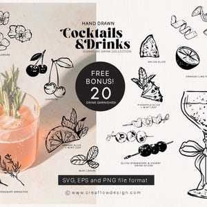 K&ouml;nnte beinhalten: Handgezeichnete "Cocktails & Drinks"-Kollektion mit verschiedenen Garnierungen, darunter Kirschen, Orangenscheiben und Minzbl&auml;tter. Enth&auml;lt einen Cocktail in einem Glas mit Rosmarin und Limette. Bonus: 20 Drink-Garnierungen.