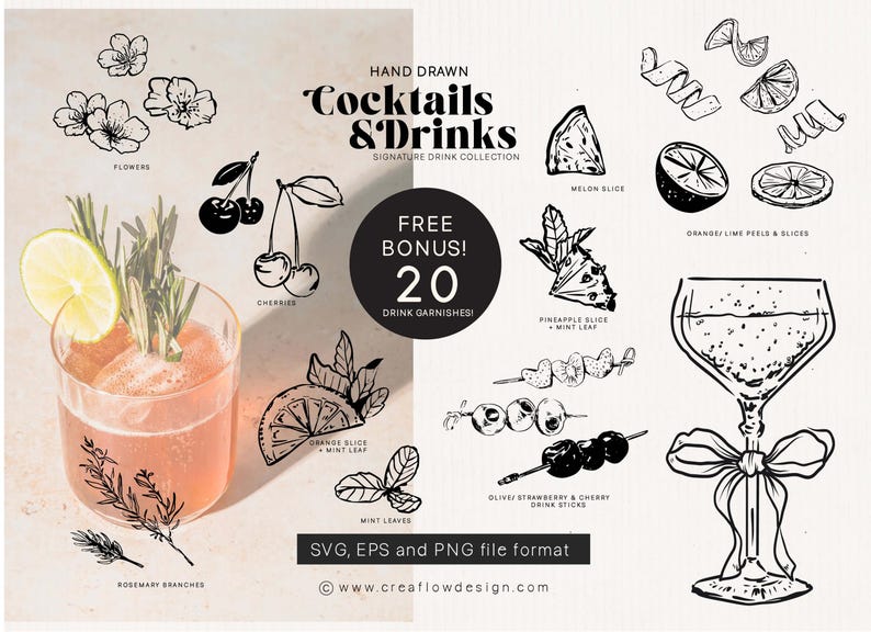 K&ouml;nnte beinhalten: Handgezeichnete "Cocktails & Drinks"-Kollektion mit verschiedenen Garnierungen, darunter Kirschen, Orangenscheiben und Minzbl&auml;tter. Enth&auml;lt einen Cocktail in einem Glas mit Rosmarin und Limette. Bonus: 20 Drink-Garnierungen.