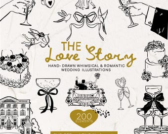 Könnte beinhalten: Schwarz-weiße, handgezeichnete Hochzeitsillustrationen. Das Bild zeigt Champagnergläser, Hochzeitstorten, ein Auto mit dem Schriftzug "Just Married" und den Text "The Love Story". Die Illustrationen sind verspielt und romantisch.