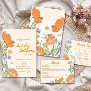 Conjunto de convites para casamento de verão Boho, modelo de convite para festa no jardim floral, modelo de cartão de aniversário RSVP e detalhes editável Canva, CF1003