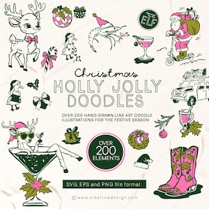 Hand-drawn Christmas doodle clipart pack, Over 200 Whimsical Holiday Clipart bundle, Xmas SVG, EPS and PNG Icons for Invitations, CDF034