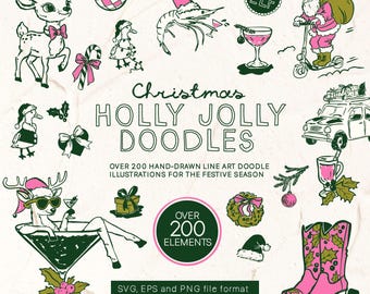 Hand-drawn Christmas doodle clipart pack, Over 200 Whimsical Holiday Clipart bundle, Xmas SVG, EPS and PNG Icons for Invitations, CDF034