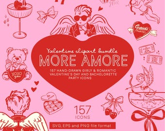 More Amore Valentines Day Clipart pack, 157 Hand drawn Bachelorette and Hen Party Doodle SVG, EPS and PNG icons for invitations, CFD023