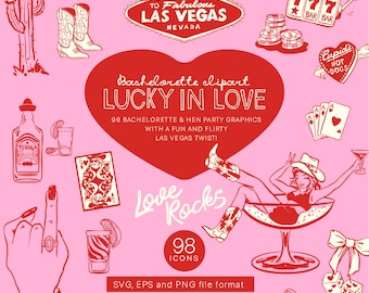 Las Vegas Bachelorette Clipart Bundle SVG PNG EPS, Hand-drawn Casino Party Icons, Hen Party Cowgirl Illustrations | CFD028