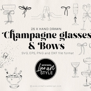 Minimal Champagne Glass Clipart, 25 Hand Drawn Champagne and Bow Illustrations, New Years Champagne icons for party invitations, CFD013