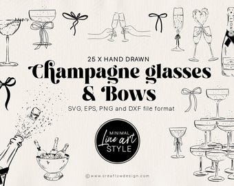Hand Drawn Champagne Glasses & Bows Clipart, Minimal Line Art Drink and Cocktail Illustrations, CFD013