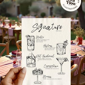 K&ouml;nnte beinhalten: Handgezeichnete Getr&auml;nkekarte mit Illustrationen von Cocktails, darunter Mojito und Cosmopolitan. Die Karte wird vor einem verschwommenen Au&szlig;enbereich mit Tischen und St&uuml;hlen gehalten. Der Text lautet 'Signature Drinks'.