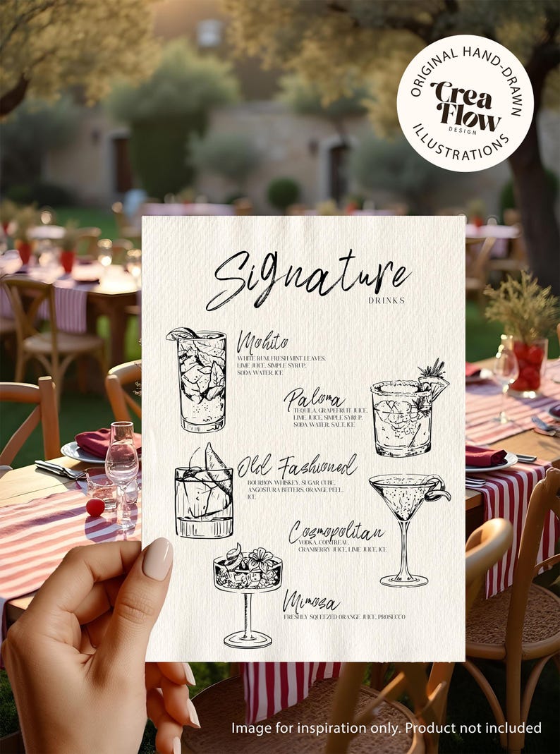 K&ouml;nnte beinhalten: Handgezeichnete Getr&auml;nkekarte mit Illustrationen von Cocktails, darunter Mojito und Cosmopolitan. Die Karte wird vor einem verschwommenen Au&szlig;enbereich mit Tischen und St&uuml;hlen gehalten. Der Text lautet 'Signature Drinks'.