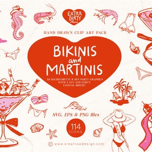 Clip Art vrijgezellenfeest: handgetekende bikini&#39;s en martinidrank doodle iconen, Coastal Party iconen (SVG, PNG, EPS), CFD030