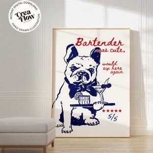 Barkeeper war niedliche Französische Bulldogge Druck, wunderliche handgezeichnete Frenchie Kellner Hund Druck, Hausbar Wand Kunst Druck, sofortiger digitaler Download