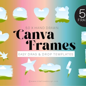 Canva Frames-bundel slepen en neerzetten, Canva Frames-bundel met noodlijdende rand, 50 handgetekende canvasframes, aangepaste achtergrondcanvaframes