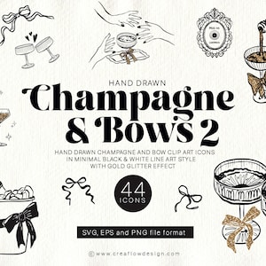 Icônes de champagne dessinées à la main, illustrations fantaisistes de la tour de champagne, icônes de champagne de dessin au trait minimal pour les invitations et les panneaux de mariage, CFD027