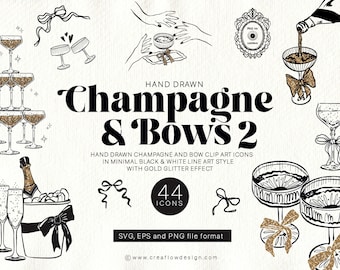 Champagne and Bows Clipart pack, 44 Hand Drawn New Year Champagne Illustrations, Line art drink icons for invites and wedding signs, CFD027