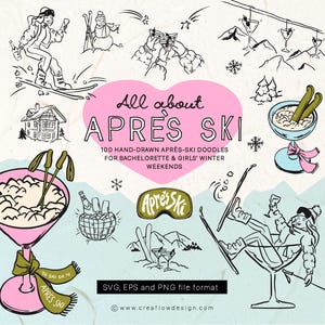Hand Drawn Apres Ski Bachelorette clip art, After Ski Hen party EPS SVG and PNG icons, Winter Apres Ski Cocktail club illustrations, CFD036