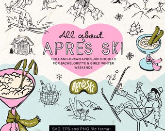 Après Ski Clipart Bundle SVG PNG EPS, Hand-drawn Winter Bachelorette Doodle Icons, Ski Party Illustrations | CFD036