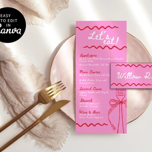 Plantilla de menú y tarjeta de presentación para brunch de cumpleaños en color rosa, menú con borde ondulado dibujado a mano, menú de despedida de soltera, plantilla de menú de despedida de soltera en color rosa CF1001