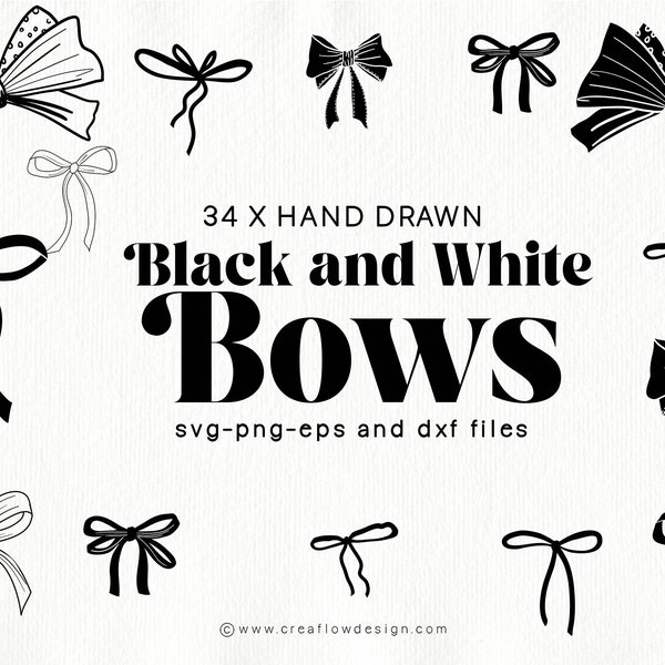 Black and White Bow SVG bundle, Hand Drawn Line art Bows, Minimal Black and White Ribbon SVG and PNG clip art, Wedding Bows clip art, CFD014