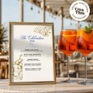 K&ouml;nnte beinhalten: Ein goldgerahmtes Men&uuml; f&uuml;r "The Celebration Bar" mit Cocktails wie Lemon Love Spritz und Blush Babe Margarita. Zwei Gl&auml;ser mit orangenen Cocktails mit Orangenscheiben und Minze befinden sich im Vordergrund. Ein rundes Logo mit dem Text "Original Hand-Drawn Illustrations" ist im Hintergrund.