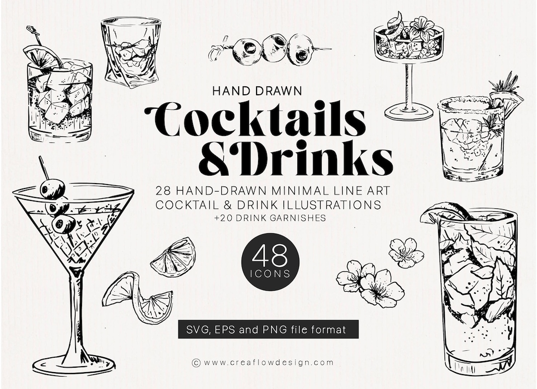 Hand Drawn Cocktail Illustrations SVG PNG EPS, Minimal Line Art Drink ...