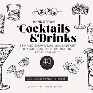 Op de afbeelding: Handgetekende zwart-wit illustraties van cocktails en drankjes. De afbeelding bevat verschillende cocktailglazen, garneringen en de tekst "Cocktails & Drinks". De afbeelding bevat ook de tekst "28 Handgetekende Minimal Line Art Cocktail & Drink Illustraties +20 Drink Garnishes".