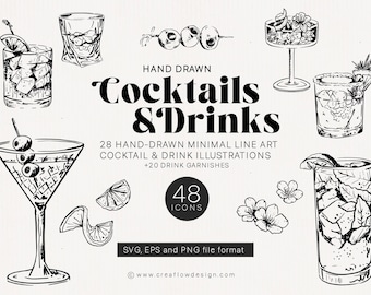 Hand Drawn Cocktail Illustrations SVG PNG EPS, Minimal Line Art Drink Icons (Digital Download), CFD015