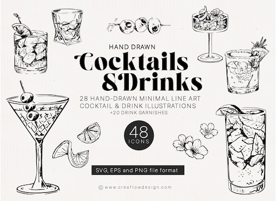 Cocktail Clipart Bundle SVG PNG EPS, Hand-drawn Minimal Drink Illustrations, Bar Menu Signature Drink Icons | CFD015