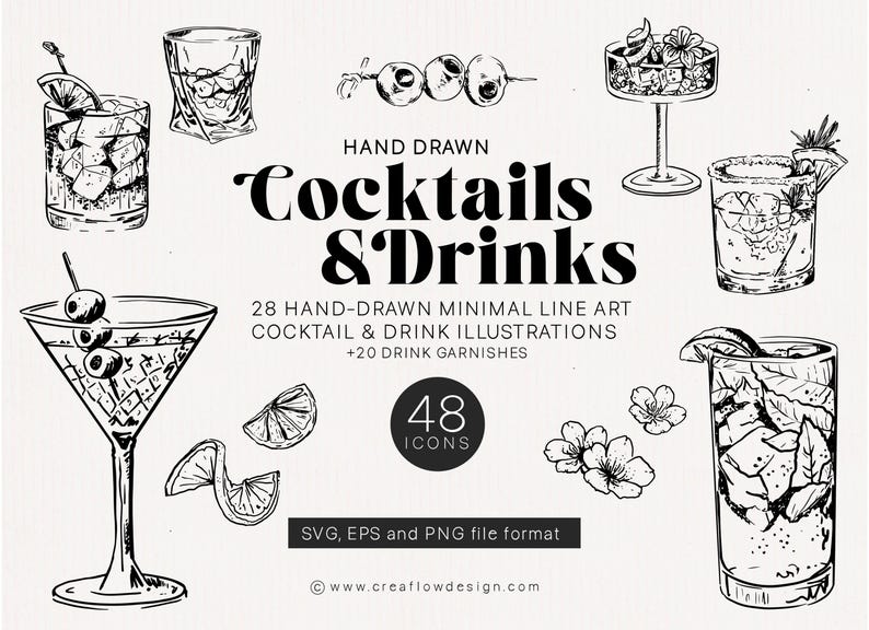 K&ouml;nnte beinhalten: Handgezeichnete Schwarz-Wei&szlig;-Illustrationen von Cocktails und Getr&auml;nken. Das Bild zeigt verschiedene Cocktailgl&auml;ser, Garnierungen und den Text "Cocktails & Drinks". Das Bild enth&auml;lt auch den Text "28 handgezeichnete minimalistische Cocktail- und Getr&auml;nkeillustrationen +20 Getr&auml;nkegarnierungen".