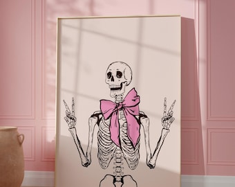 Skeleton with Pink bow wall art, Pink halloween decor, Boho halloween printable wall art, Pink Halloween poster, Printable Wall art
