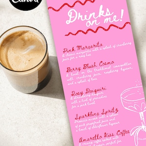 Cocktail Bar Drink List, Hand drawn Wavy border Menu, Editable Drinks Menu, Pink Wedding and Bridal Shower Drink menu, Drinks Sign CF1001