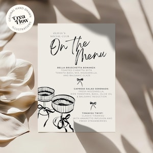 Fantazyjny szablon karty z menu i kokardą: edytowalny w serwisie Canva szablon karty z menu i miejscem na urodziny, wesele i wieczór panieński