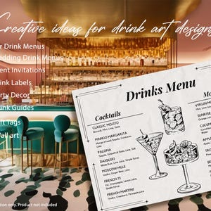 K&ouml;nnte beinhalten: Eine Getr&auml;nkekarte mit Cocktail- und Mocktail-Illustrationen wird vor einer Bar gezeigt. Die Speisekarte enth&auml;lt Getr&auml;nkenamen und Zutaten. Der Text auf dem Bild lautet "Creative ideas for drink art designs..." und listet Designideen wie Bardrink-Men&uuml;s auf.
