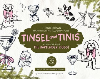 Christmas Dogs and Martini Drinks Clipart Pack, 75 Hand Drawn Martini Illustrations with whimsical Waiter dogs, SVG PNG clip art, CFD021