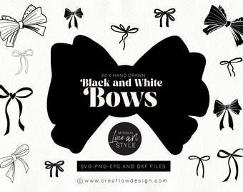 Hand drawn Black and White Bows ,Minimal Black and White Ribbon SVG and PNG clip art, Wedding Bow icons, CFD014