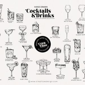 K&ouml;nnte beinhalten: Handgezeichnete Illustration verschiedener Cocktails und Getr&auml;nke, darunter Champagner, Whiskey Sour und Daiquiri. Das Bild zeigt eine Sammlung von Signature-Drink-Illustrationen mit dem Text "Cocktails & Drinks".
