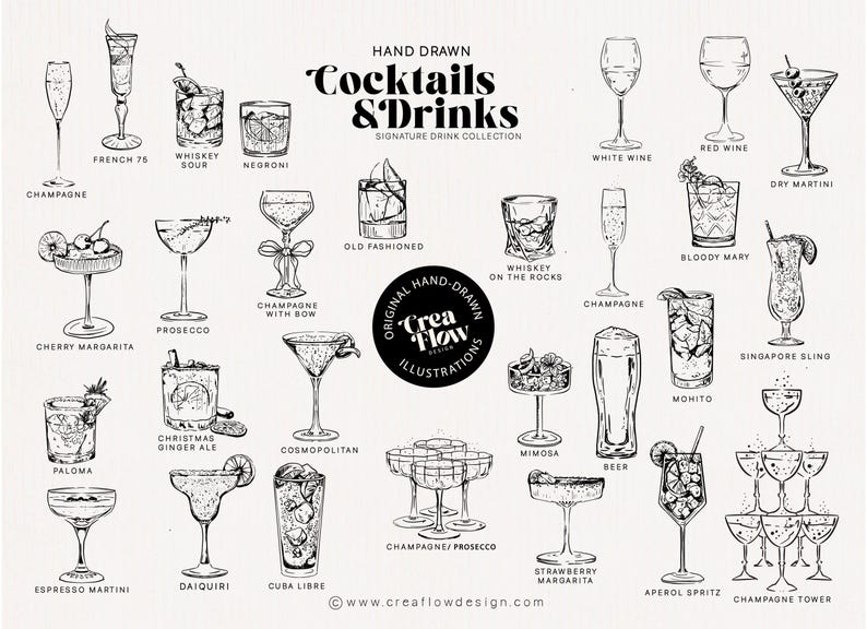 K&ouml;nnte beinhalten: Handgezeichnete Illustration verschiedener Cocktails und Getr&auml;nke, darunter Champagner, Whiskey Sour und Daiquiri. Das Bild zeigt eine Sammlung von Signature-Drink-Illustrationen mit dem Text "Cocktails & Drinks".