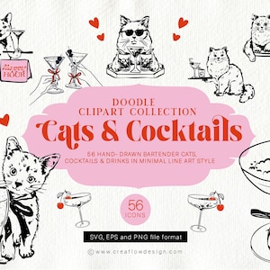 Pacote de clipart de gatos e coquetéis, 56 ilustrações de gatos e bebidas de barman caprichosas desenhadas à mão, arte de linha minimalista, gatos e coquetéis, CFD024