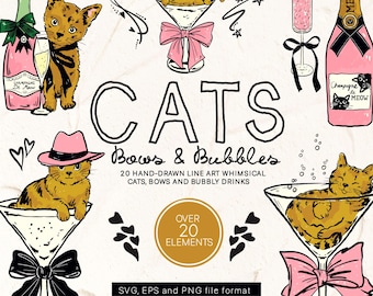 Hand-drawn Cats and Bows clipart pack, Whimsical Cat and Martini glass illustrations, SVG EPS and PNG Icons for Invitations, CDF035