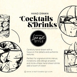 K&ouml;nnte beinhalten: Schwarz-Wei&szlig;-Illustration von handgezeichneten Cocktails und Getr&auml;nken. Das Design umfasst vier verschiedene Getr&auml;nkedarstellungen, Eisw&uuml;rfel und Zitronengarnierungen. Der Text lautet "Cocktails & Drinks" und "Minimal Line Art Style."