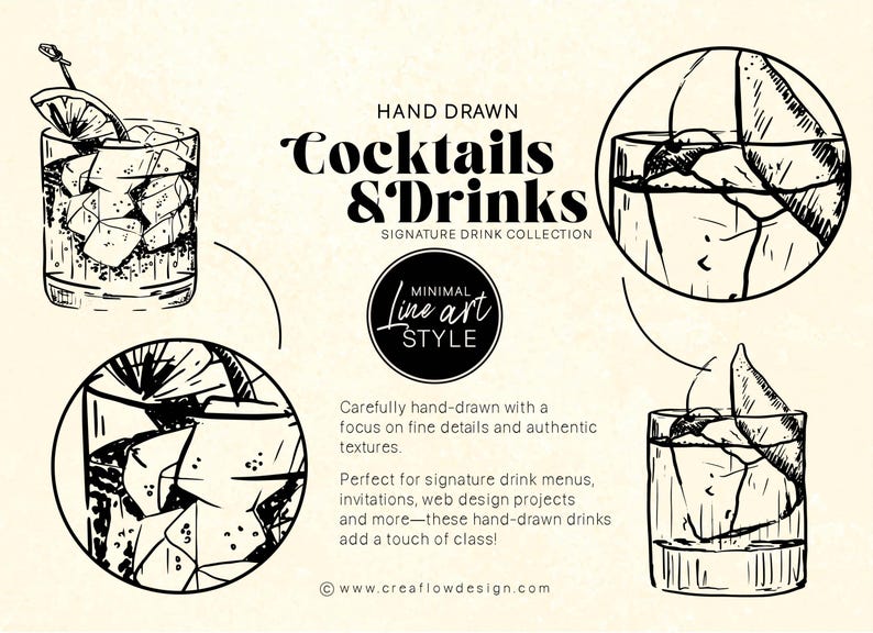 K&ouml;nnte beinhalten: Schwarz-Wei&szlig;-Illustration von handgezeichneten Cocktails und Getr&auml;nken. Das Design umfasst vier verschiedene Getr&auml;nkedarstellungen, Eisw&uuml;rfel und Zitronengarnierungen. Der Text lautet "Cocktails & Drinks" und "Minimal Line Art Style."