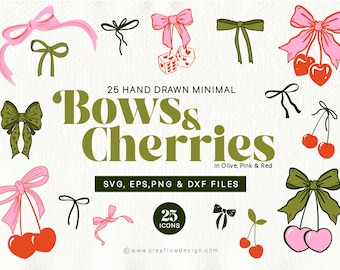 Bows and Cherries Clipart Pack, 25 Hand Drawn Whimsical Cherry and Bow illustrations, Minimal Bow Icons svg eps png and dxf files, CFD003